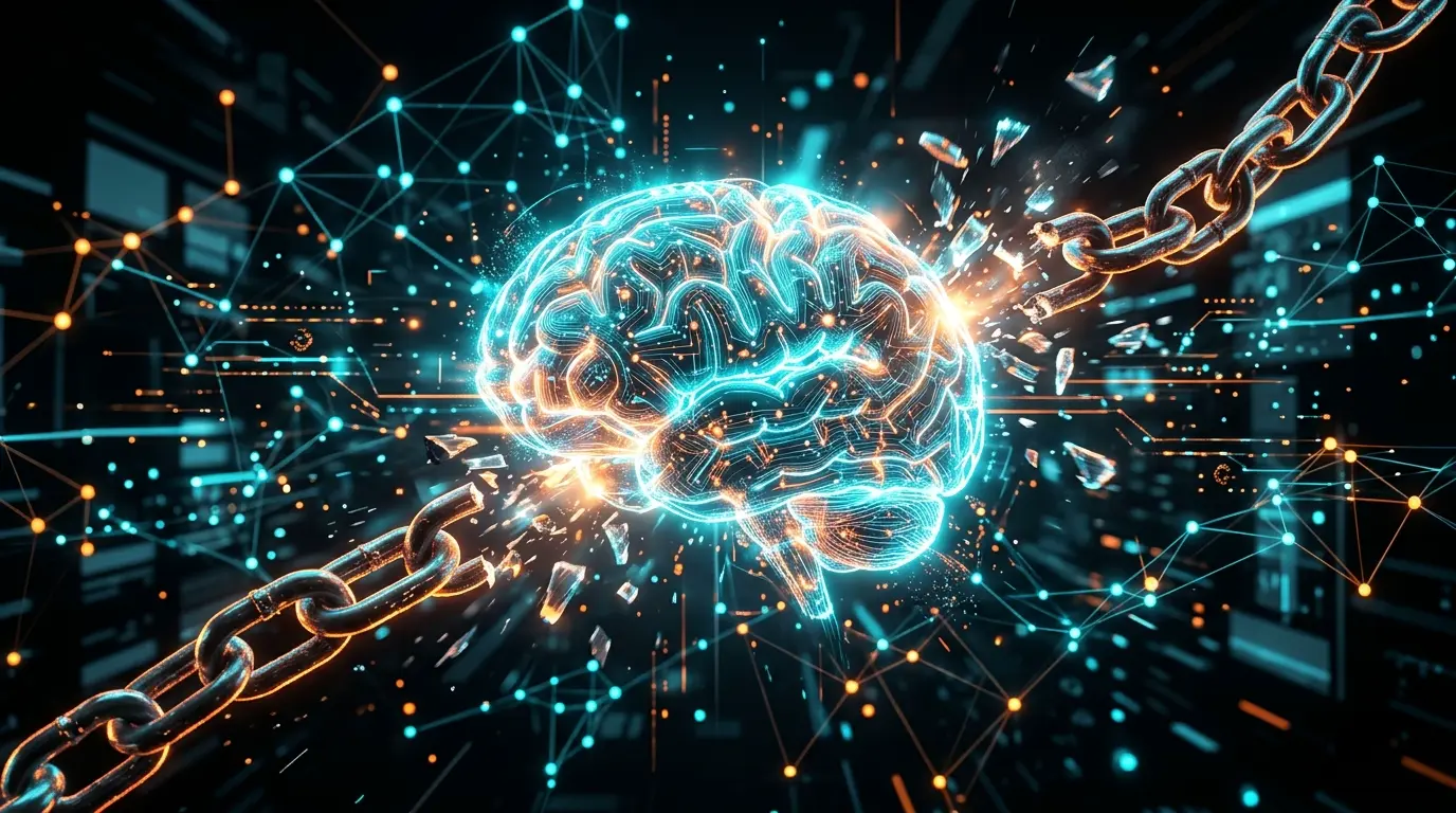 Glowing AI brain representing a new free revolutionary model.