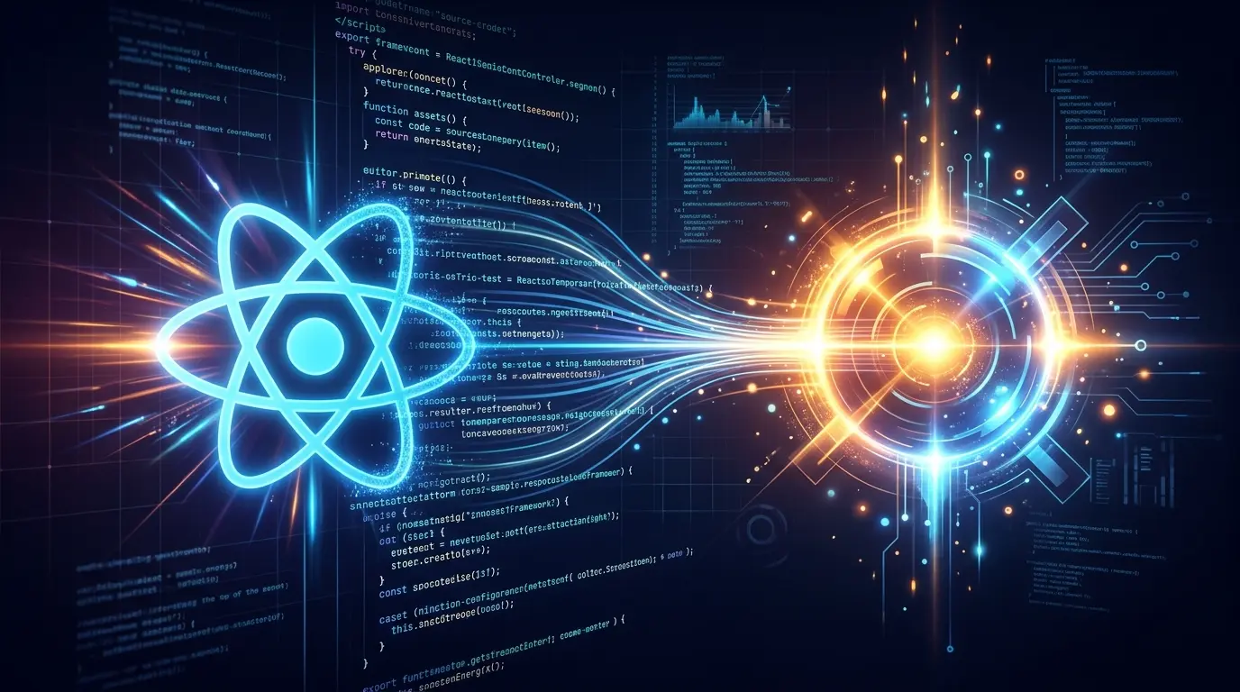 A sleek, high-tech banner showing the migration from React to a lightweight, fast, and modern web framework.