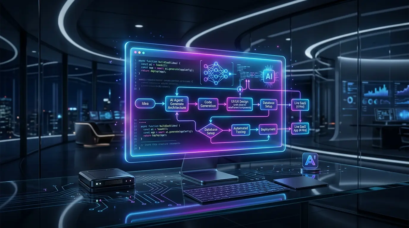 Visual representation of building a SaaS application in 4 hours using AI agents, flowchart showing components and orchestration.