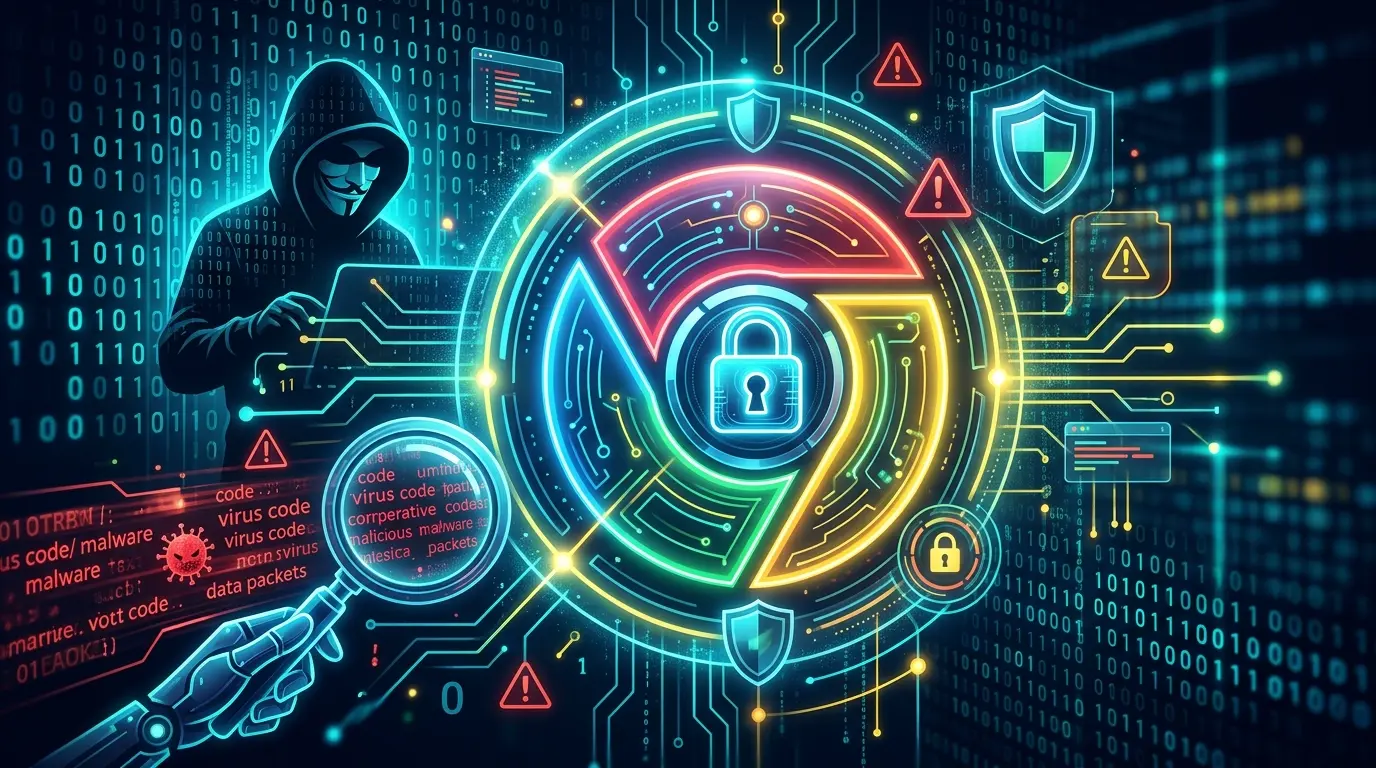 Chrome logo surrounded by cyber security warning indicators, digital code, malware scans, and a lock.